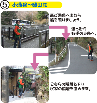 5.小涌谷～晴山荘 再び国道へ出たら橋を渡しましょう。渡ったら右手の歩道へ。こちらの階段を下り、民家の脇道を進みます。